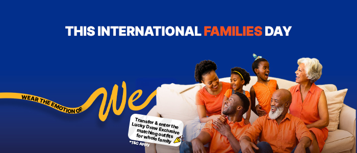International Family Day campaign banner by Remit Choice featuring a smiling family dressed in orange, promoting the theme “Wear the emotion of WE” with a lucky draw callout and warm orange-toned festive background symbolizing togetherness and family bond