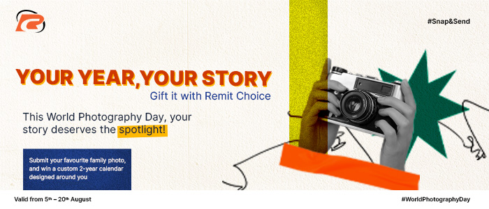 World Photography Day campaign banner by Remit Choice with slogan `Your Year, Your Story – Gift it with Remit Choice`, featuring a person holding a camera, colourful abstract shapes, and details about winning a custom 2-year calendar by submitting a famil