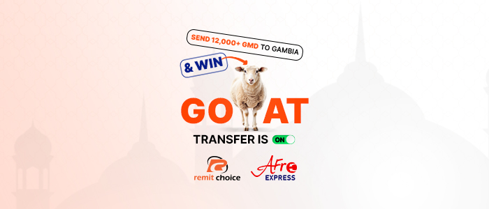 GO-AT Transfer Tobaski 2026 banner showing a ram prize offer for Gambian expats sending money to Gambia with Remit Choice.
