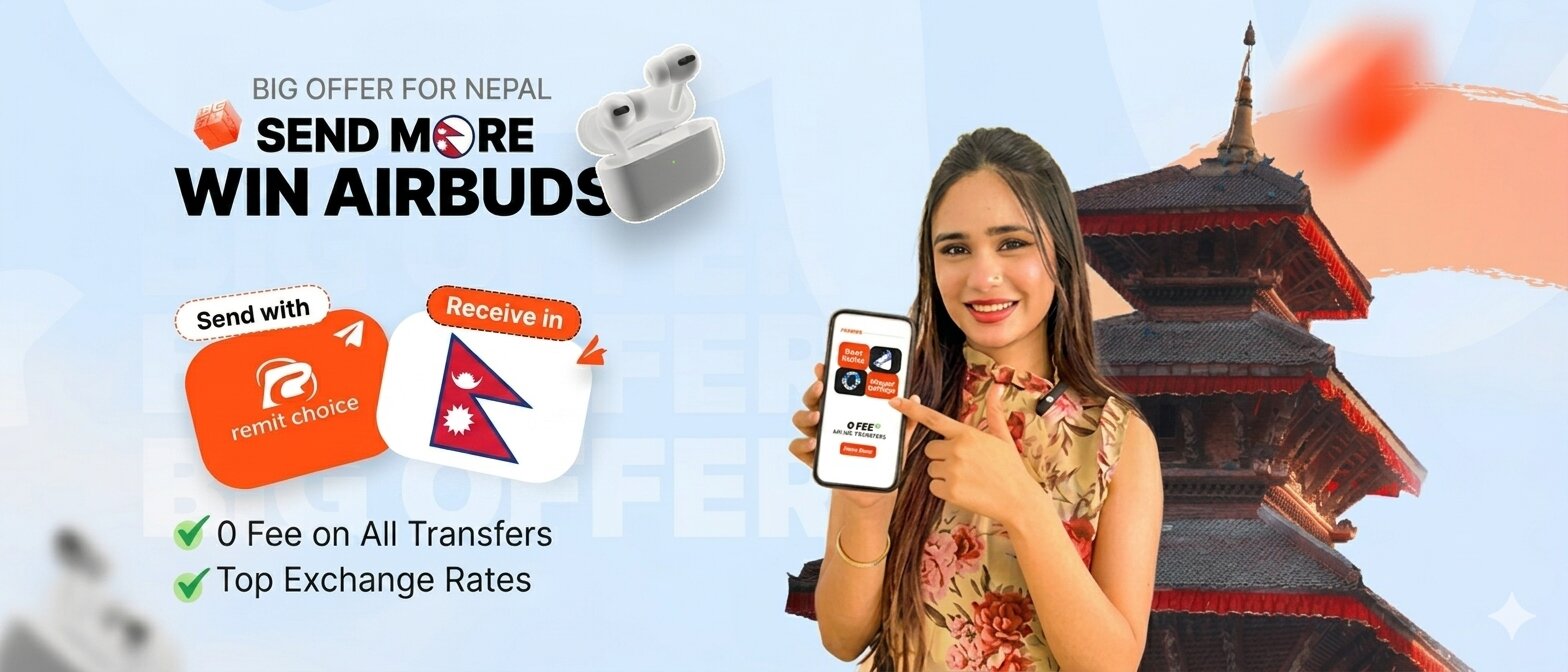 Promotional banner for Naya Barsha 2083 campaign by Remit Choice and City Express showing “Send More Win Airbuds,” highlighting money transfer from Remit Choice to City Express Nepal with benefits like zero fees and top exchange rates, featuring a woman h