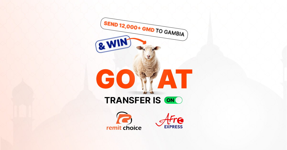 GO-AT Transfer Tobaski 2026 banner showing a ram prize offer for Gambian expats sending money to Gambia with Remit Choice.