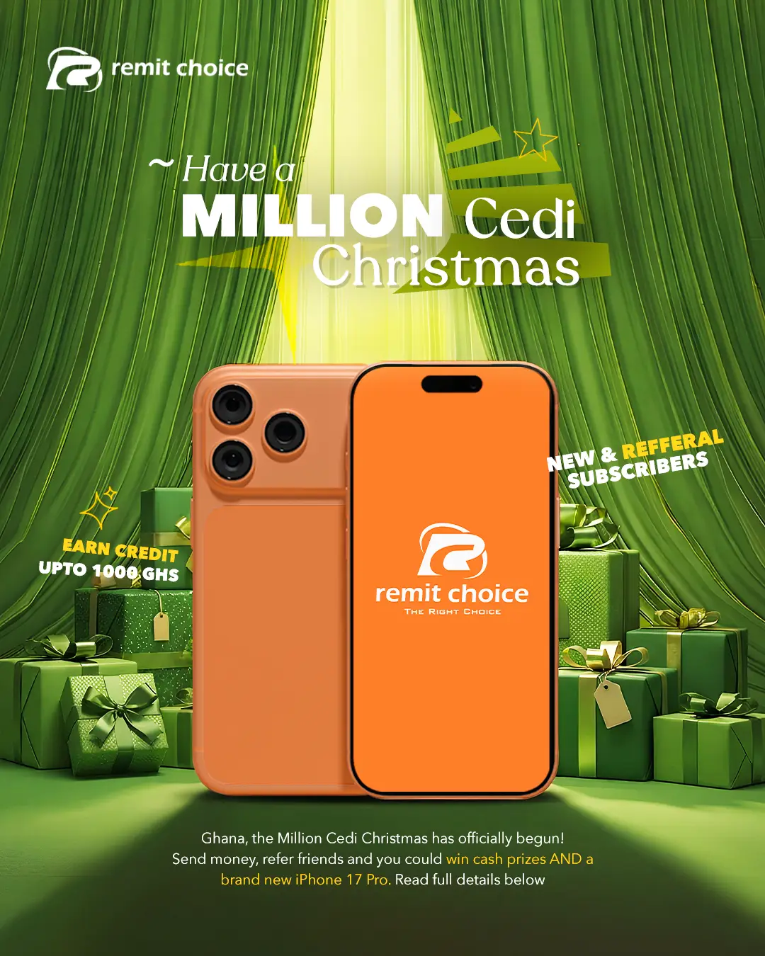 Send money to ghana and enter Christmas giveaway and get a chance to win iphone and cash prizes.