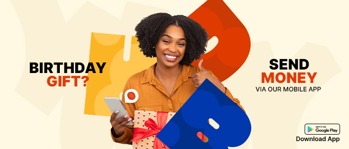 Woman holding a gift and smartphone promoting international money transfer online for birthday gifts using the Remit Choice mobile app